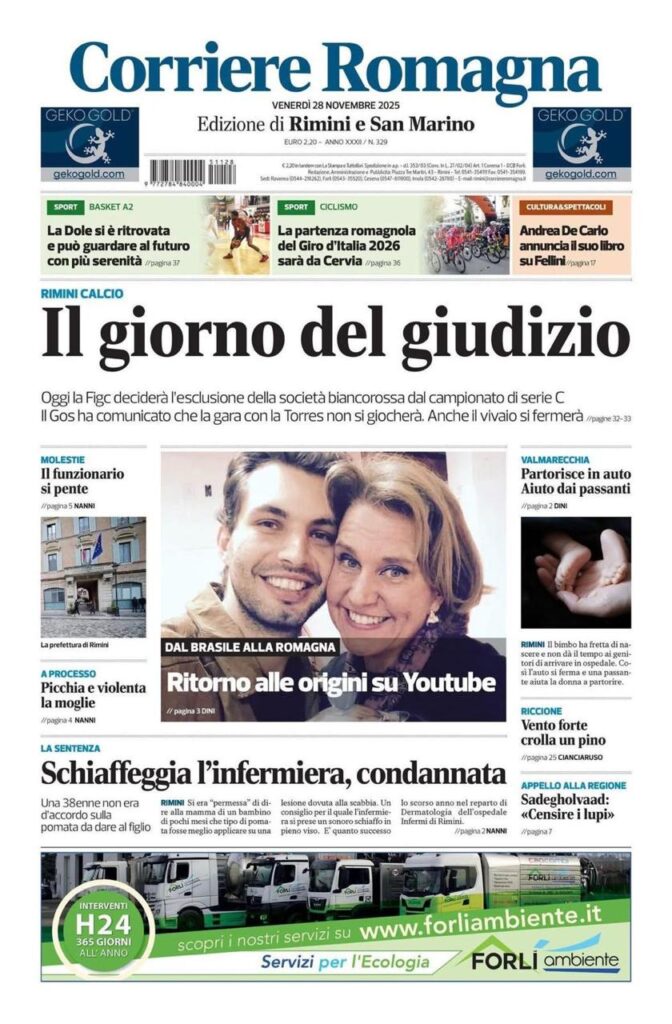 Capa do Corriere Romagna, edição de Rimini e San Marino de 28 de novembro de 2025, com chamada sobre Silas Massini